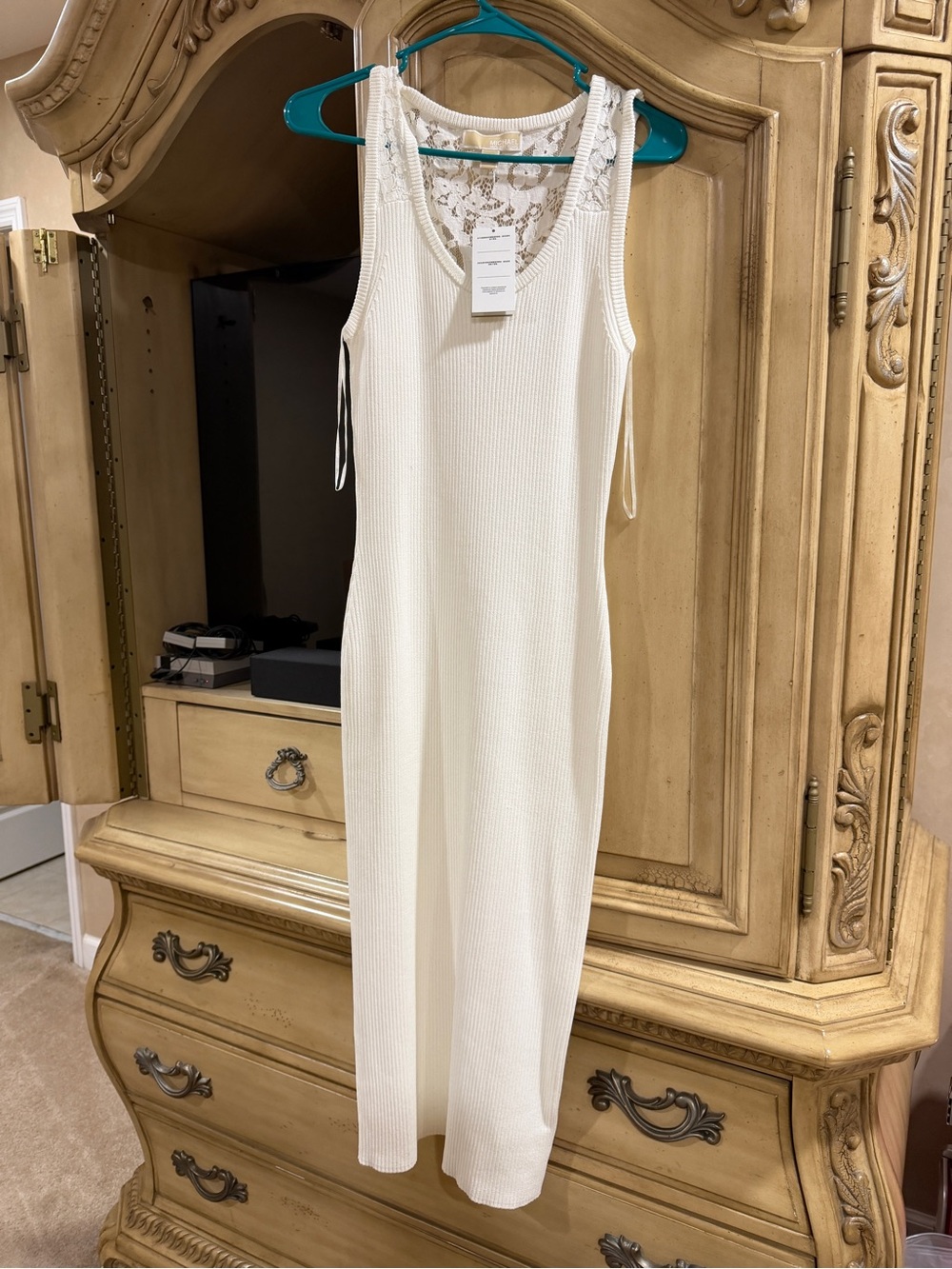 Michael Kors Cream Ribbed Lace-Back Maxi Slip Dress